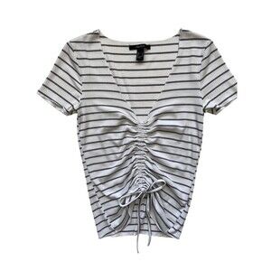 Y2K Ruched Front Top Women Size S Striped Ribbed Exposed Belly Crop Baby Tee 00s